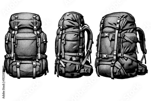 Camping backpack shown as a single object presented in three different views: front view, side view, and three-quarter view emphasizing straps and packed