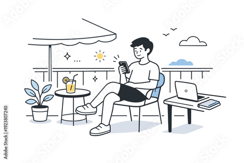Summer breaks between work sprints. A shaded balcony scene where a person checks the phone briefly before returning to work. Light, mindful pause that supports