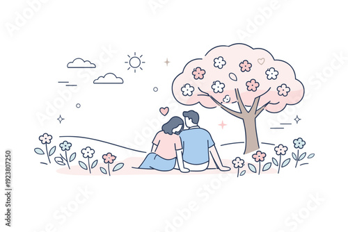 Nature and memory. A quiet scene with two people walking through a field of flowers or seated beneath a blooming tree, expressing togetherness and renewal.