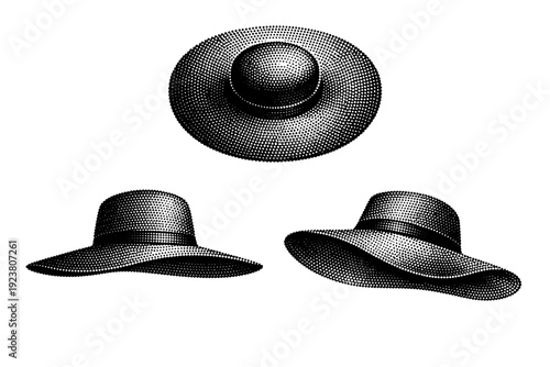 Fashion silhouette of a wide-brim hat shown as one accessory object displayed in top view, side view, and three-quarter angled view with realistic form. Black