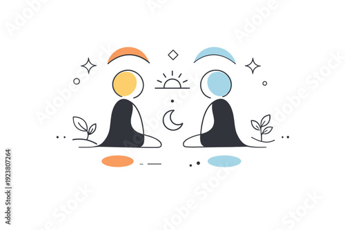 Imperfect symmetry designs. Abstract shapes mirrored with slight variations, creating a balanced but human-centered composition. Calm visual rhythm with gentle