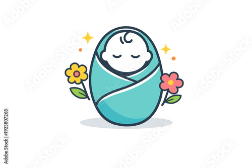Spring baby photos focused on a small baby silhouette wrapped in a blanket with subtle floral accents symbolizing comfort and freshness. The illustration