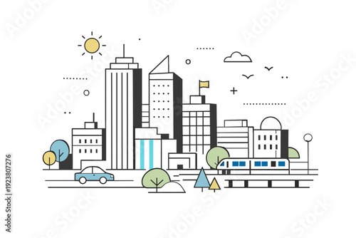 Geometric style illustration city. A modern city scene constructed from simple geometric blocks and lines. The atmosphere feels clean, organized, and