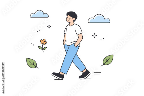 People in mindful moments. A person taking a slow walk with relaxed posture, simple nature icons like leaves and clouds nearby. Calm editorial scene focused on