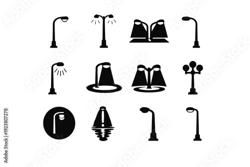 Streetlights at night. Solid icon set of streetlights at night: single streetlight, glowing lamp post, night street light, urban lamp silhouette, illuminated