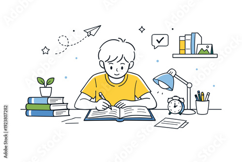 After school routine. A student doing homework at a tidy desk after returning home. Calm focus and learning habit with books, lamp, and soft decorative