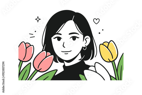 Close-up portraits with tulips. Cropped portrait with tulips crossing the foreground slightly out of focus. Depth, delicacy, modern editorial intimacy.