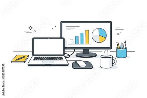 Hybrid work desk setups. Clean workspace with laptop connected to external monitor, coffee mug, and minimal office supplies. Focused productive atmosphere with