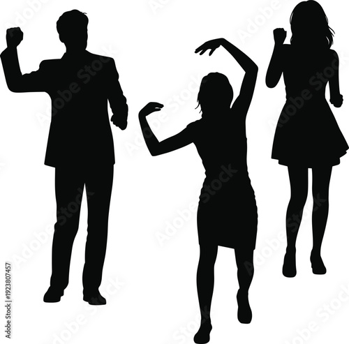Dancing people silhouette group, energetic party celebration figures in motion isolated on white background for nightlife entertainment concept