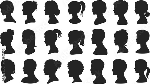Women and men head silhouette collection, diverse hairstyle profiles set, avatar icons vector illustration pack