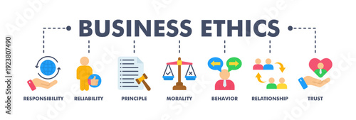 Business ethics banner web flat vector illustration concept for web and print with an icon of responsibility, reliability, principle, morality, behavior, relationship, and trust