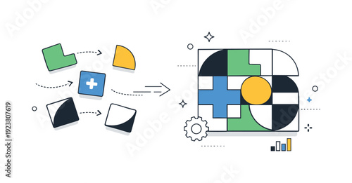 Abstract geometric shapes assembling into a complex pattern with a gear and chart