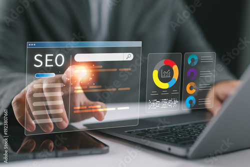 SEO optimization dashboard with search rankings, keyword performance metrics, traffic analytics, and data visualization interface for monitoring website growth and digital marketing strategy.