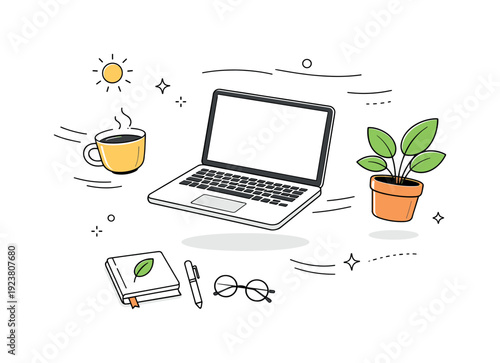 Cozy home office setup with laptop, coffee, plant, and notebook for productive work