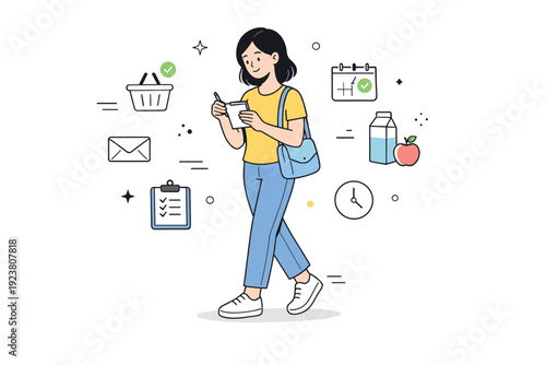 Daily errands lifestyle and time management. A character checks a phone or small list while standing or walking, organizing simple tasks.