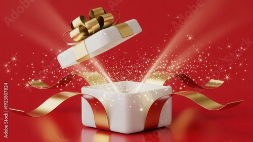 A vibrant red background with a white gift box opening, revealing gold ribbon and sparkling contents, captured in a dynamic photography shot.