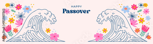 Jewish holiday Passover, Pesach. Floral greeting card, banner with traditional icons. Springtime concept design. Happy Passover
