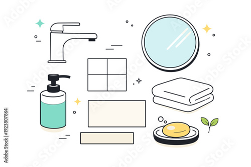 Designing a sleek, modern bathroom with minimal decor. Flat lay style scene of bathroom elements like faucet, tiles, soap dispenser, and