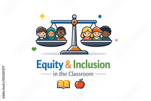 Equity and inclusion in the classroom visualized as balanced scales holding diverse student icons, symbolizing fairness, opportunity, and