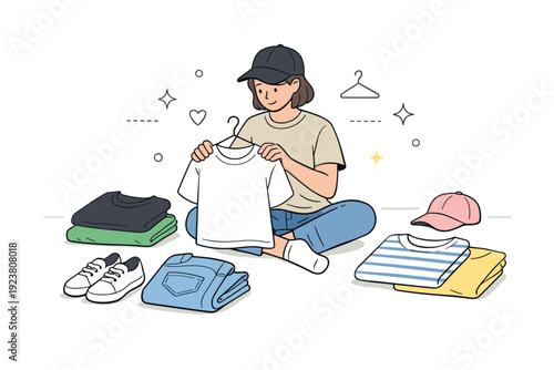 Mix and match basics. A person combining simple clothing pieces laid out on a bed or table, like jeans, shirts, and sneakers. Thoughtful