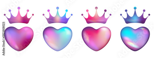 3D Glossy Hearts and Crowns Collection on Transparent Background for Women's Day and Royal Designs