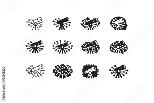 Astronomy and its intersection with artificial intelligence. Icon set. Set Logo of Astronomy and its intersection with artificial intelligence: telescope fused