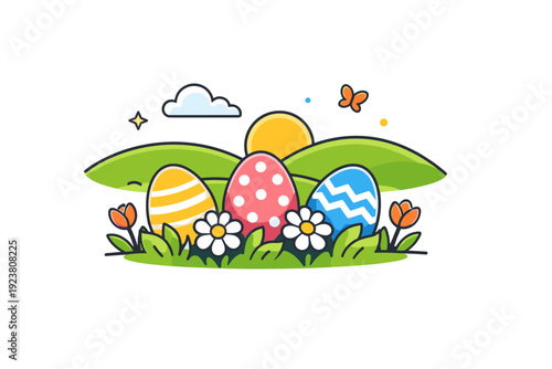 Easter holiday concept peaceful spring landscape with eggs hidden among flowers and soft hills, capturing anticipation, discovery, and