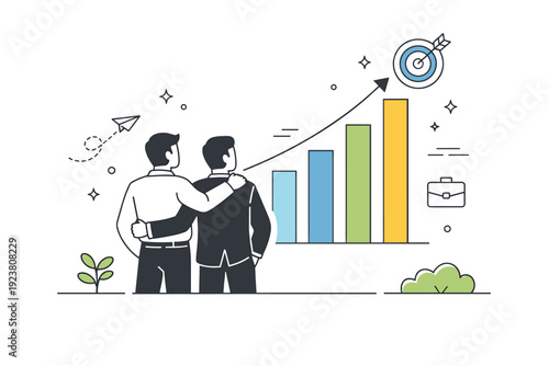 Long-term business alliance. Two partners standing side by side looking at a shared goal or chart, representing growth and stability. The scene feels