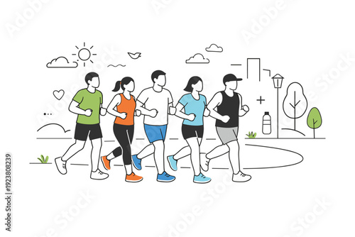 Community jogging group. Friends running side by side on a simple urban or park route, shown without facial detail. Belonging, healthy habits, and social