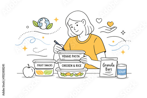 Labeling items before fridge drop-off. A person writes on food containers before donating them to a community fridge, abstract floating lines and