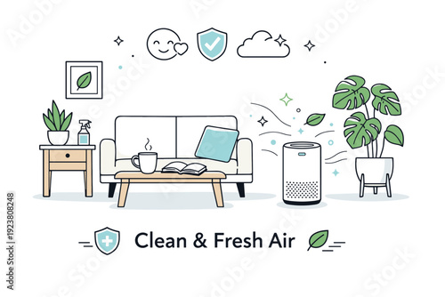 Indoor air quality awareness visuals. A modern living room with houseplants, an air purifier, and simple furniture arranged neatly. Feeling of freshness, care