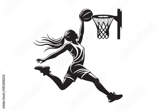 women's basketball dunking logo silhouette vector, basketball logo silhouette vector illustration, sport basketball logo vector, basketball player dunking logo vector silhouette on white background 