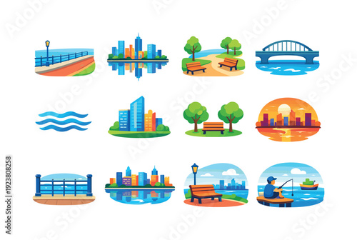 Collection of cityscapes, parks, and waterfront scenes with vibrant flat design elements