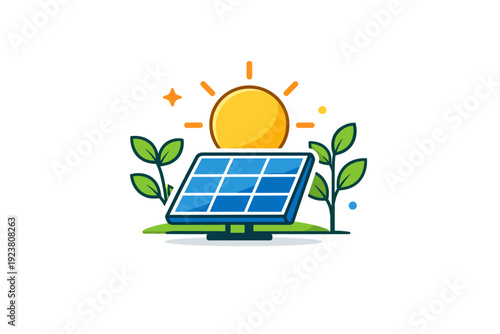 Green energy spring concept solar panel and sun paired with gentle plant elements, conveying clean power, optimism and harmony between