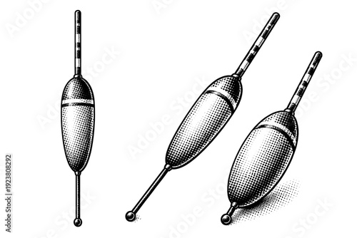 Fishing float shown as a single object displayed in three views: upright view, side view, and three-quarter view highlighting cylindrical volume and balance.