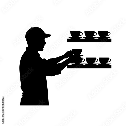 Barista Arranging Coffee Cups on Shelf