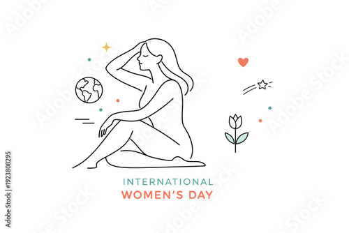 International Women?s Day celebration. A minimalist female figure in a calm, graceful pose with the number ?? subtly integrated into the