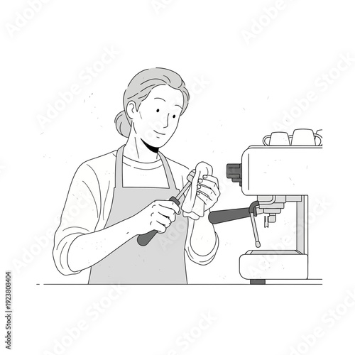 Barista cleaning espresso machine with cloth and brush