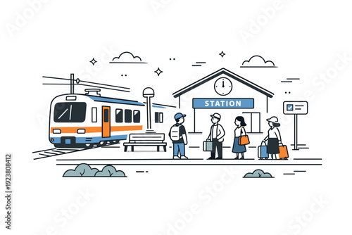 Local train station stop. A small regional station with a train waiting and a few travelers standing calmly on the platform, suggesting unhurried transit. The