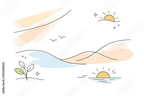 Light and shadow in nature. Editorial-style abstract background with flowing light beams and soft organic shadows, evoking sunrise or sunset calm. Minimalist