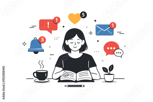 Ignoring notifications. A person calmly ignores floating notification icons around them, focusing on something else instead. The illustration suggests choice,