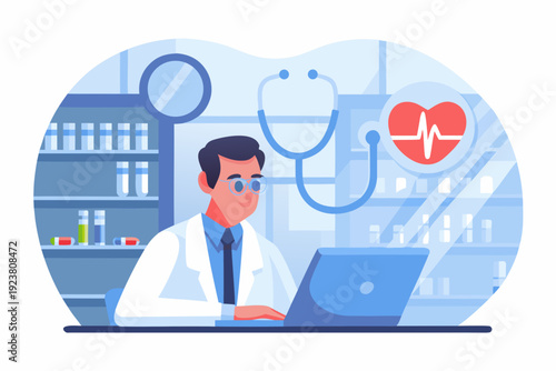 A doctor examines data on a laptop in a medical office setting