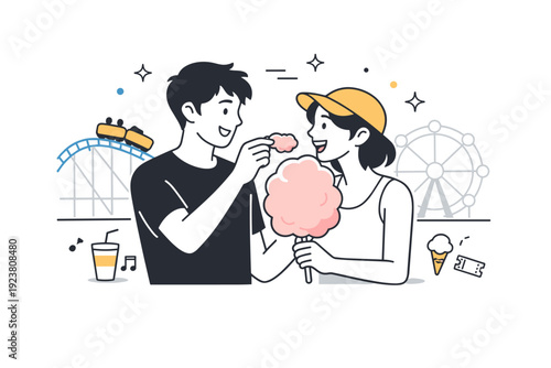 Summer fairs and fun rides. Couple sharing cotton candy near a small roller coaster in the background. Warm social moment at a summer fair. Minimalist flat