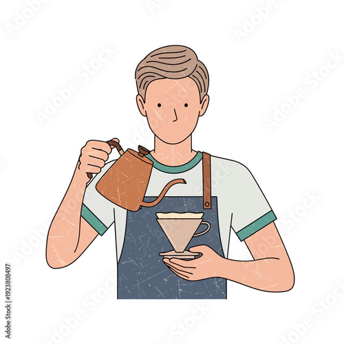 Barista making pour over coffee, illustration, hand-drawn style