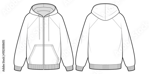  Raglan Zip up Hoodie Jacket- Flat Technical Drawing -Front and Back View- Cad/ Vector Illustration