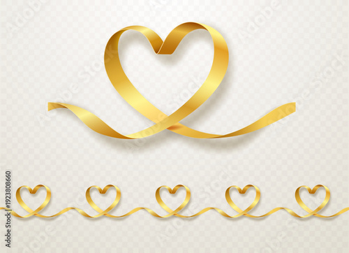 Realistic golden heart-shaped gift ribbon isolated on a light background. Vector illustration.