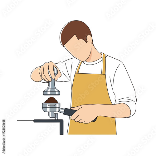 Barista Tamping Coffee Grounds in Portafilter for Espresso