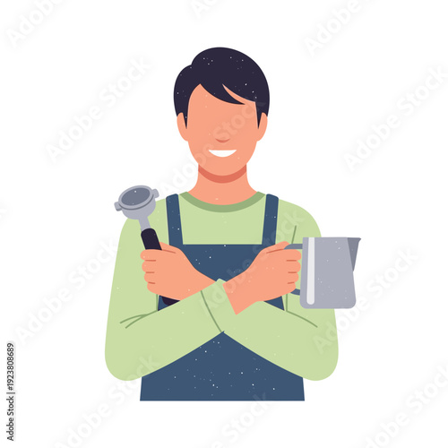 Barista with espresso portafilter and milk pitcher, smiling