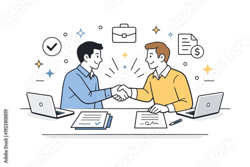 Handshake agreement. Two participants shaking hands over a table with papers and laptops, soft floating stars and dots highlighting a