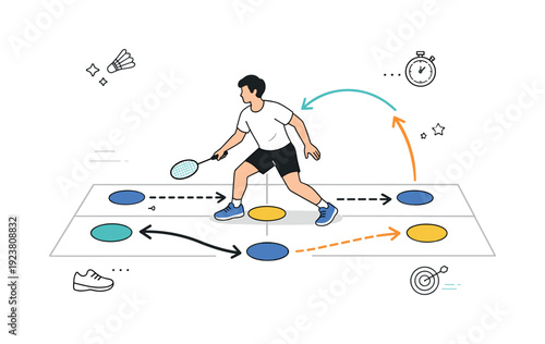 Badminton player practicing drills on court with cones and arrows indicating movement